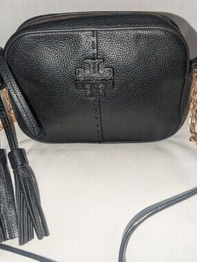 Tory Burch Mcgraw Black Pebbled Leather Crossbody Camera Bag with Tassels